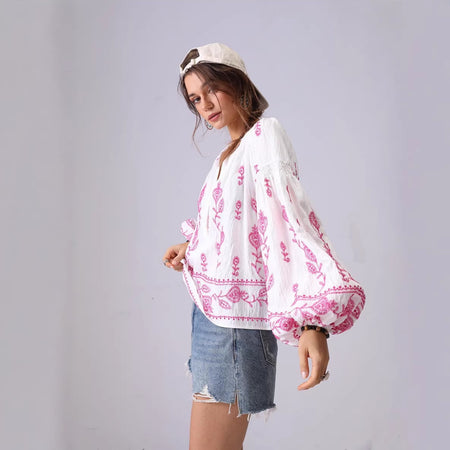 Mirella Embroidered Summer Top - side shot, white with pink floral embroidery - Miss Mosa By Akanksha