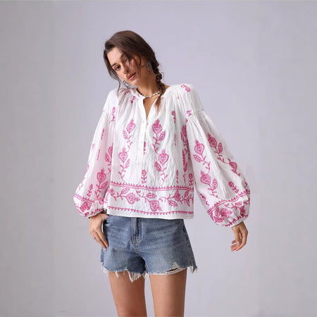 Mirella Embroidered Summer Top - front shot, white with pink floral embroidery - Miss Mosa By Akanksha