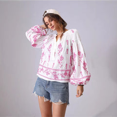 Mirella Embroidered Summer Top - styled shot, white with pink floral embroidery - Miss Mosa By Akanksha