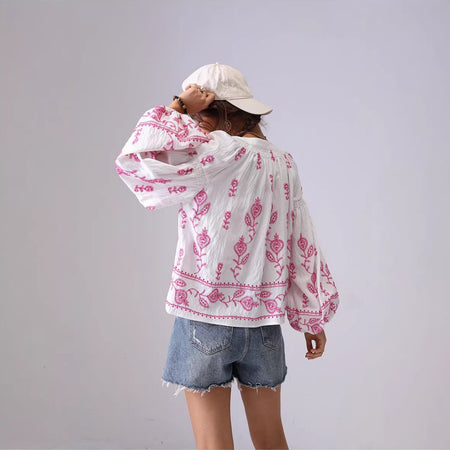Mirella Embroidered Summer Top - back shot, white with pink floral embroidery - Miss Mosa By Akanksha