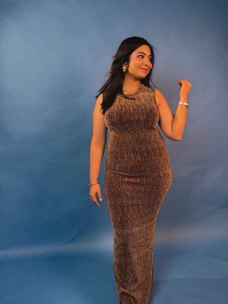 Miro Sequined Party Maxi Dress in Gold - full-length front shot on model - Miss Mosa By Akanksha