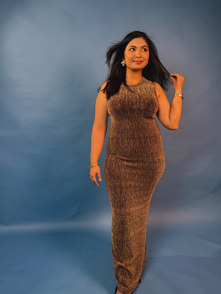 Miro Sequined Party Maxi Dress in Gold - front shot on model - Miss Mosa By Akanksha