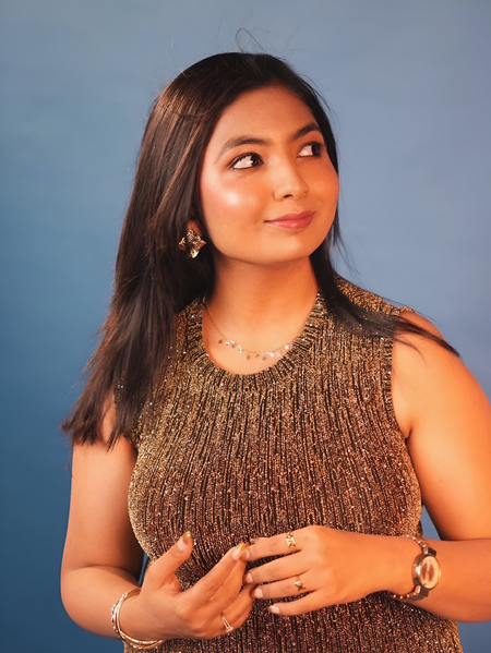 Miro Sequined Party Maxi Dress in Gold - close-up of neckline on model - Miss Mosa By Akanksha