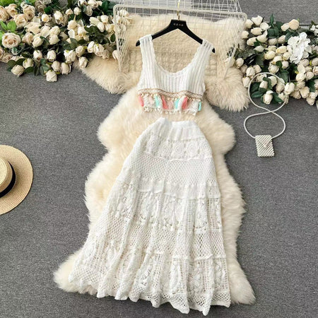 Mirren Crochet Holiday Coord -Resortwear - flat-lay shot of crochet coord set, cream - Miss Mosa By Akanksha
