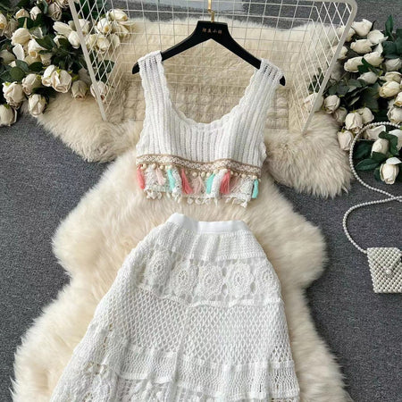 Mirren Crochet Holiday Coord -Resortwear - flat-lay shot of crochet skirt, cream - Miss Mosa By Akanksha