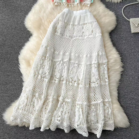 Mirren Crochet Holiday Coord -Resortwear - flat-lay shot of crochet skirt, cream - Miss Mosa By Akanksha