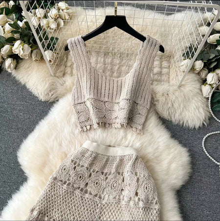Mirren Crochet Holiday Coord -Resortwear - flat-lay shot of crochet coord set, beige - Miss Mosa By Akanksha
