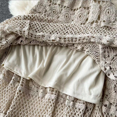 Mirren Crochet Holiday Coord -Resortwear - close-up of crochet lining, beige - Miss Mosa By Akanksha