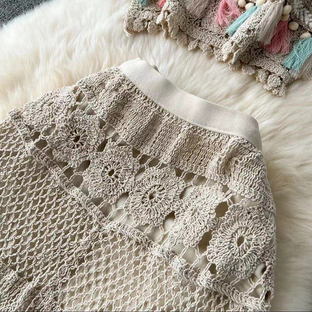 Mirren Crochet Holiday Coord -Resortwear - close-up of crochet skirt waistband, beige - Miss Mosa By Akanksha