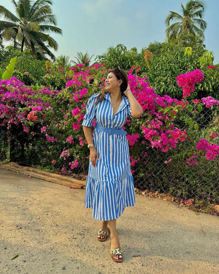 Misa Striped Statement Dress In Blue - lifestyle shot on model, blue - Miss Mosa By Akanksha