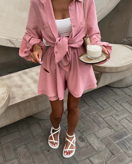 Miso Summer Two Piece Set in Blush - close-up front shot on model, pink - Miss Mosa By Akanksha