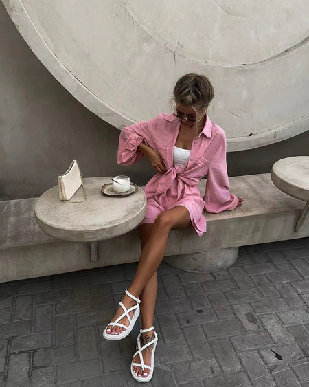 Miso Summer Two Piece Set in Blush - lifestyle shot on model, pink - Miss Mosa By Akanksha