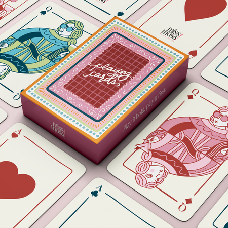 Miss Mosa Playing Cards- Diwali Edition - close-up of card box on playing cards, multicolour pink and maroon - Miss Mosa By Akanksha