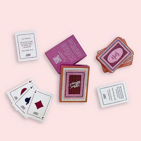 Miss Mosa Playing Cards- Diwali Edition - flat-lay product shot of box and cards, multicolour pink and maroon - Miss Mosa By Akanksha