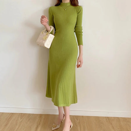 Misty Premium Woolen Knitted Midi Dress - full-length front shot on model, green - Miss Mosa By Akanksha