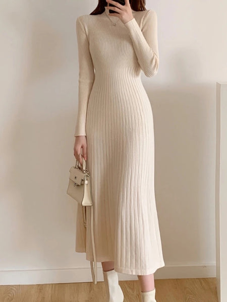 Misty Premium Woolen Knitted Midi Dress - full-length front shot on model mirror selfie, cream - Miss Mosa By Akanksha