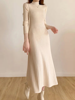 Misty Premium Woolen Knitted Midi Dress - full-length front shot on model, cream - Miss Mosa By Akanksha