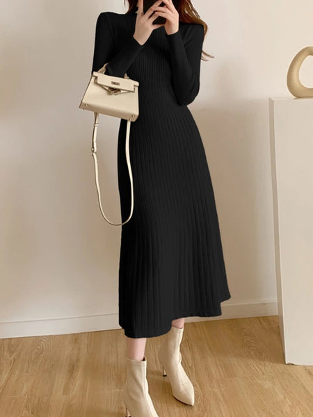 Misty Premium Woolen Knitted Midi Dress - full-length front shot on model, black - Miss Mosa By Akanksha