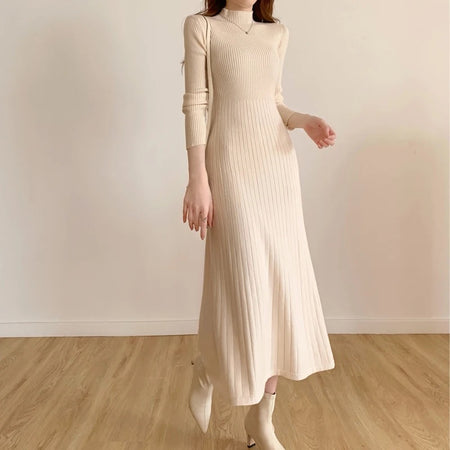 Misty Premium Woolen Knitted Midi Dress - full-length front shot on model, cream - Miss Mosa By Akanksha