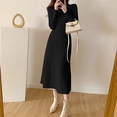 Misty Premium Woolen Knitted Midi Dress - full-length front shot on model, black - Miss Mosa By Akanksha