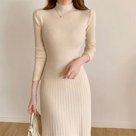 Misty Premium Woolen Knitted Midi Dress - close-up front shot on model, cream - Miss Mosa By Akanksha