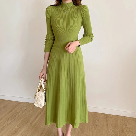 Misty Premium Woolen Knitted Midi Dress - full-length front shot on model, green - Miss Mosa By Akanksha