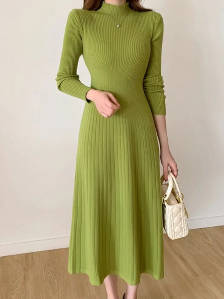 Misty Premium Woolen Knitted Midi Dress - front shot on model, green - Miss Mosa By Akanksha