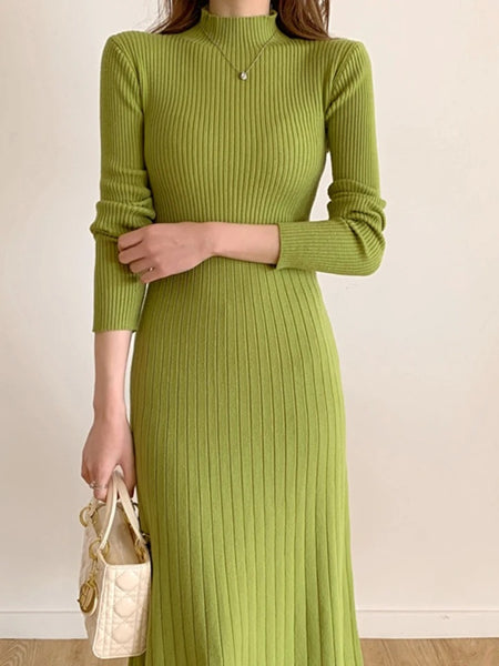 Misty Premium Woolen Knitted Midi Dress - close-up front shot on model, green - Miss Mosa By Akanksha