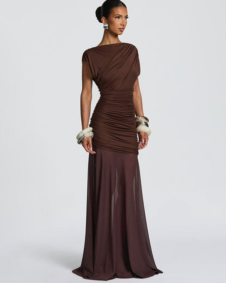Mitasa Bodycon Maxi Dress - back shot, chocolate brown - Miss Mosa By Akanksha