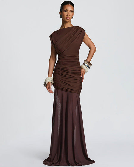 Mitasa Bodycon Maxi Dress - front shot, chocolate brown - Miss Mosa By Akanksha