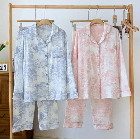 Mitasa Cotton Crepe Nightsuit - flat-lay product shot of two nightsuits on rack, blue and pink - Miss Mosa By Akanksha