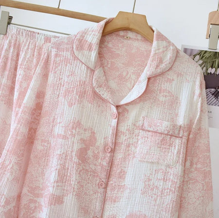 Mitasa Cotton Crepe Nightsuit - close-up of collar and pocket detail, pink and white - Miss Mosa By Akanksha