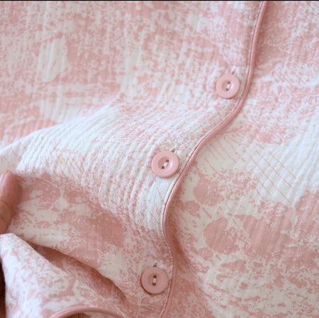Mitasa Cotton Crepe Nightsuit - close-up of button placket detail, pink and white - Miss Mosa By Akanksha