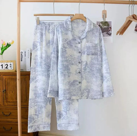 Mitasa Cotton Crepe Nightsuit - flat-lay product shot on rack, blue and white - Miss Mosa By Akanksha