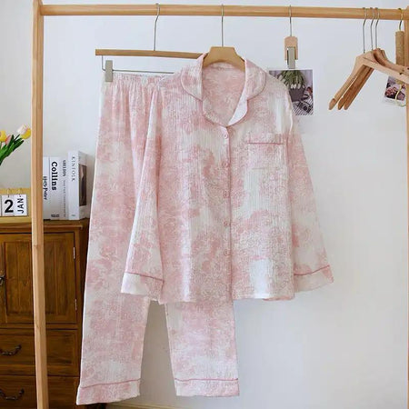 Mitasa Cotton Crepe Nightsuit - flat-lay product shot on rack, pink and white - Miss Mosa By Akanksha