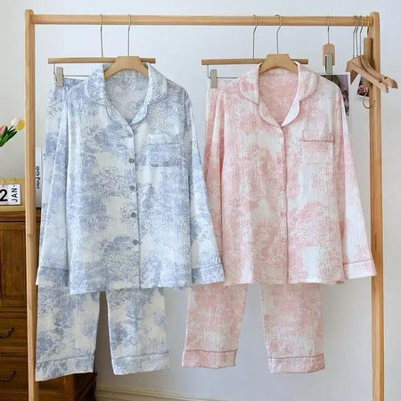 Mitasa Cotton Crepe Nightsuit - flat-lay product shot of two nightsuits on rack, blue and pink - Miss Mosa By Akanksha