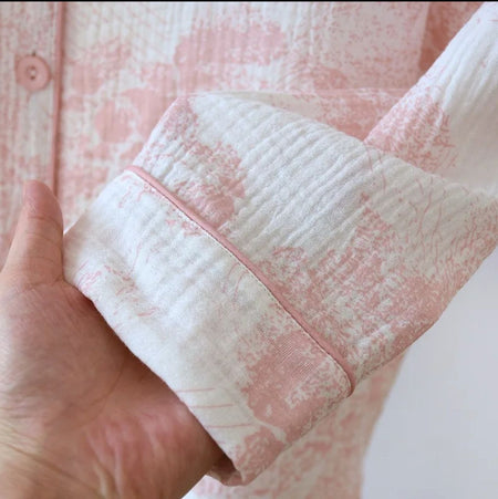 Mitasa Cotton Crepe Nightsuit - close-up of cuff detail, pink and white - Miss Mosa By Akanksha