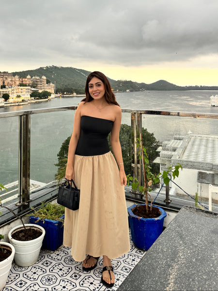 Miya Drop Waist Dress in Beige - lifestyle shot on model, beige - Miss Mosa By Akanksha