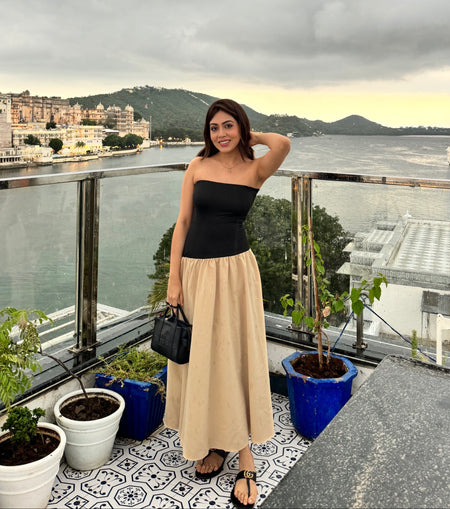 Miya Drop Waist Dress in Beige - lifestyle shot on model, beige - Miss Mosa By Akanksha
