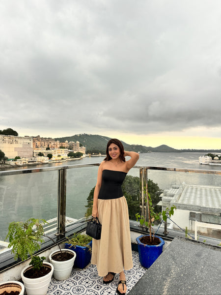 Miya Drop Waist Dress in Beige - lifestyle shot on model, beige - Miss Mosa By Akanksha