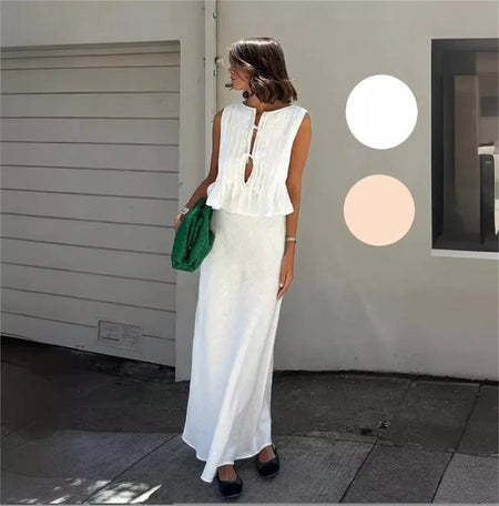 Miya Statement Vest Top with Skirt In White - full-length shot on model, white - Miss Mosa By Akanksha