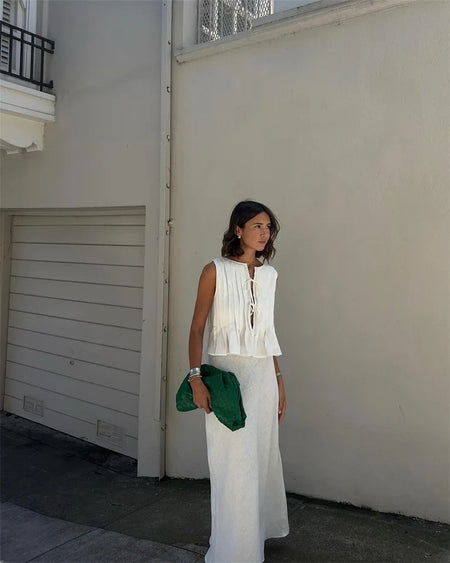 Miya Statement Vest Top with Skirt In White - front shot on model, white - Miss Mosa By Akanksha