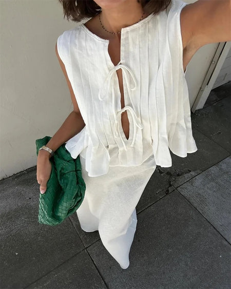 Miya Statement Vest Top with Skirt In White - close-up of fabric texture, white - Miss Mosa By Akanksha
