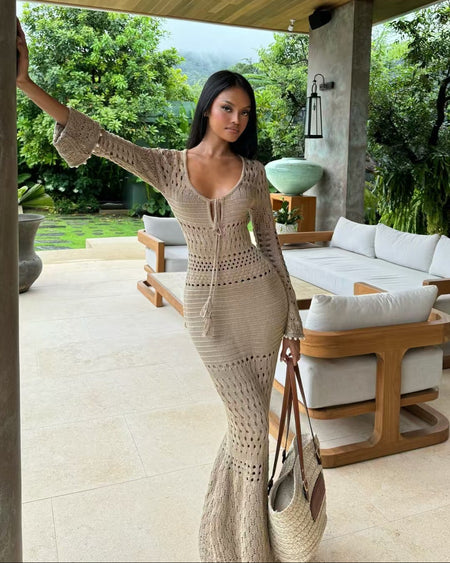 Mizuki Crochet Holiday Maxi Dress - full-length shot, beige - Miss Mosa By Akanksha
