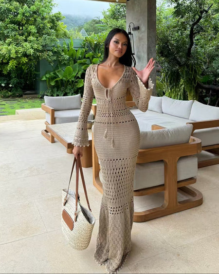 Mizuki Crochet Holiday Maxi Dress - full-length shot, beige - Miss Mosa By Akanksha