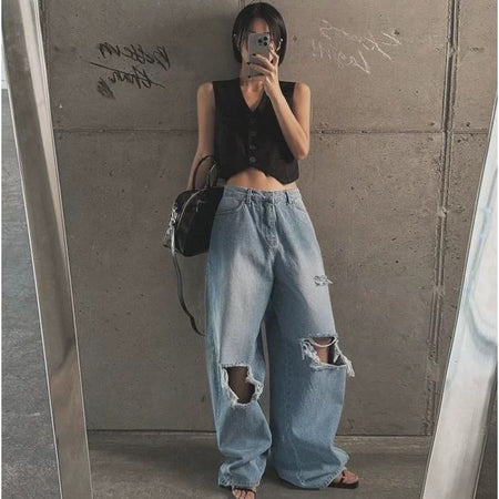 Mocha Cropped Statement Denim Jeans - front mirror selfie, full-length, light blue - Miss Mosa By Akanksha