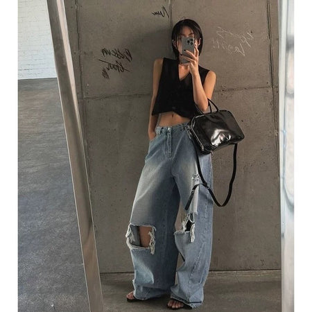Mocha Cropped Statement Denim Jeans - front mirror selfie on model, light blue - Miss Mosa By Akanksha