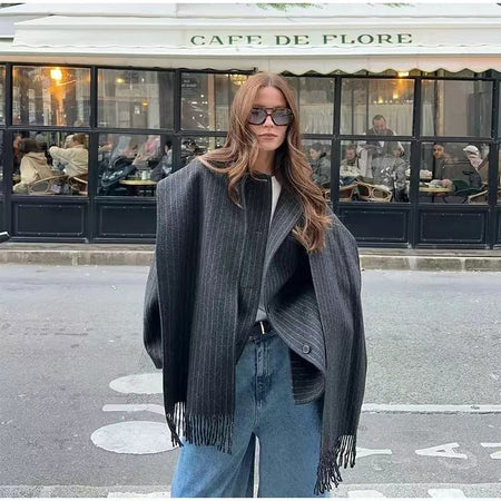 Mollor Woolen Coat With Scarf - front shot on model with scarf outdoors, grey - Miss Mosa By Akanksha