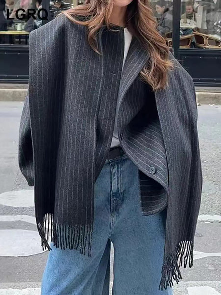 Mollor Woolen Coat With Scarf - front shot on model with scarf outdoors, grey - Miss Mosa By Akanksha