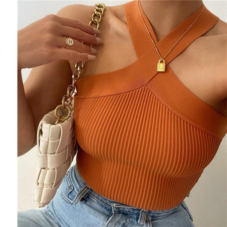 Monilo Halterneck Crop Top - front close-up shot, orange - Miss Mosa By Akanksha